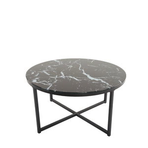 Cross Legs Glass Coffee Table with Metal Base, Marble Black Color Top