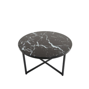 Cross Legs Glass Coffee Table with Metal Base, Marble Black Color Top