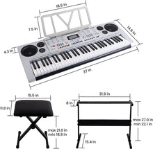 將圖片載入圖庫檢視器 61 Keys Electronic Keyboards Portable Piano Keyboard for Beginners Set with Full Size Lighted Keys, Built-In Speakers, Microphone, OTG Cable, Music Stand, Keyboard Stand and Bench, Silver
