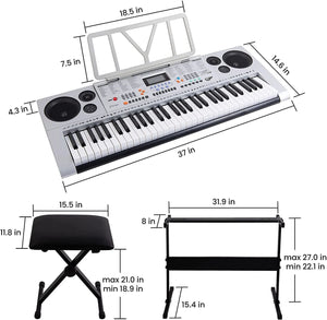 61 Keys Electronic Keyboards Portable Piano Keyboard for Beginners Set with Full Size Lighted Keys, Built-In Speakers, Microphone, OTG Cable, Music Stand, Keyboard Stand and Bench, Silver