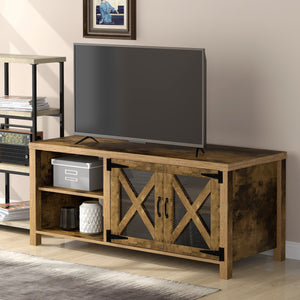 U-style TV Stand with Barn Door, 2 Open Compartments, Cable Management, TV Table for TVs up to 57 Inches
