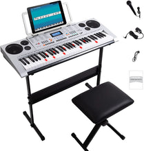Load image into Gallery viewer, 61 Keys Electronic Keyboards Portable Piano Keyboard for Beginners Set with Full Size Lighted Keys, Built-In Speakers, Microphone, OTG Cable, Music Stand, Keyboard Stand and Bench, Silver
