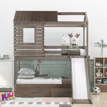 Load image into Gallery viewer, House Shape Bunk Bed with Slide Made by Solid Wood Bunk Beds with Roof, Window, Guardrail and Ladder for Kids, Teens, Girl or Boys Loft, Twin Over Twin/Slide, Antique Gray 0
