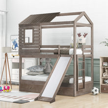 Load image into Gallery viewer, House Shape Bunk Bed with Slide Made by Solid Wood Bunk Beds with Roof, Window, Guardrail and Ladder for Kids, Teens, Girl or Boys Loft, Twin Over Twin/Slide, Antique Gray 11
