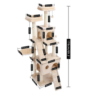 Extra Big Cat Tree with Feeding Bowl, Cat Condos with Sisal Poles, Hammock and Cave, Padded Platform, Climbing Tree for Cats, Anti-toppling Devices