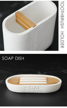 將圖片載入圖庫檢視器 Bathroom Accessories Set Designer Soap Lotion Dispenser Toothbrush Holder Soap Dish Tumbler or Pump Bottle Cup Black and White
